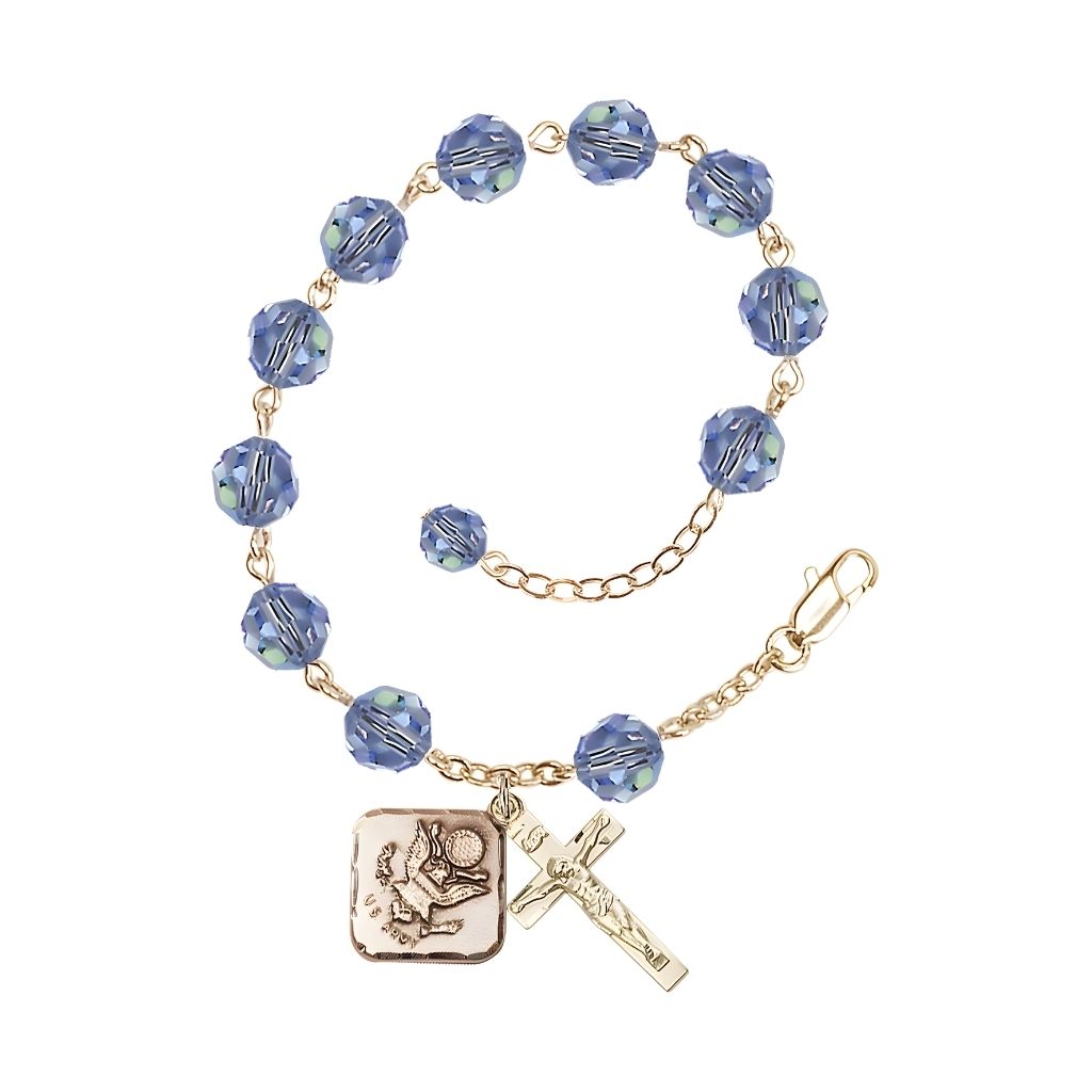Adjustable St. Michael Army Gold Plated rosary bracelet with 8mm round Austrian Crystal beads in Light Sapphire