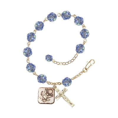 Adjustable St. Michael Army Gold Plated rosary bracelet with 8mm round Austrian Crystal beads in Light Sapphire