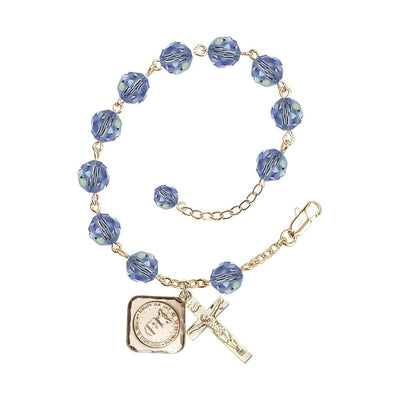 Gold-plated St. Michael the Archangel Air Force US Military Pewter Medal with 8mm Austrian Crystal Bead Rosary Bracelet in Light Sapphire, Bliss Manufacturing