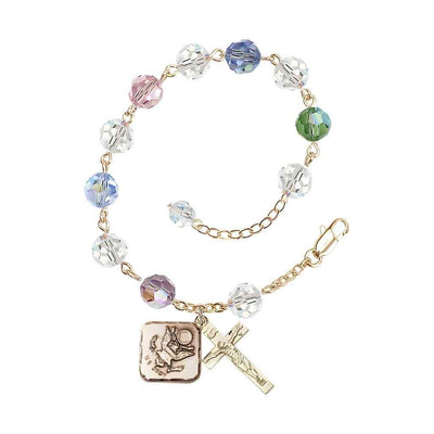 Adjustable St. Michael Army Gold Plated rosary bracelet with 8mm round Austrian Crystal beads in Multi-Color