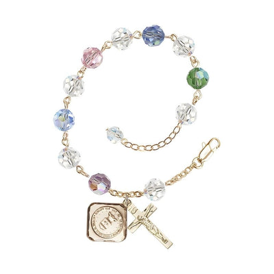 Gold-plated St. Michael the Archangel Air Force US Military Pewter Medal with 8mm Austrian Crystal Bead Rosary Bracelet in Multi-Color, Bliss Manufacturing