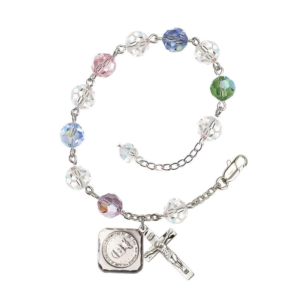 St. Michael the Archangel Air Force US Military Pewter Medal 3/4" x 5/8" and Crucifix 7/8" x 3/8" with 8mm Austrian Crystal Bead Rosary Bracelet in Multi-Color.