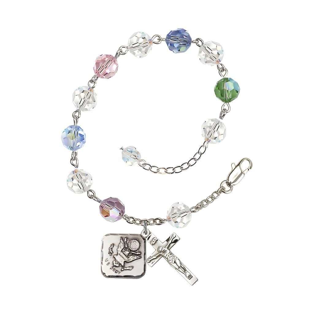 Adjustable St. Michael Army Silver Plated rosary bracelet with 8mm round Austrian Crystal beads in Multi-Color