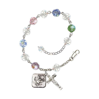 Adjustable St. Michael Army Silver Plated rosary bracelet with 8mm round Austrian Crystal beads in Multi-Color