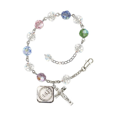 Silver-plated St. Michael the Archangel Air Force US Military Pewter Medal 3/4" x 5/8" and Crucifix 7/8" x 3/8" with 8mm Austrian Crystal Bead Rosary Bracelet in Multi-Color, Bliss Manufacturing