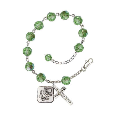 Adjustable St. Michael Army Silver Plated rosary bracelet with 8mm round Austrian Crystal beads in Peridot