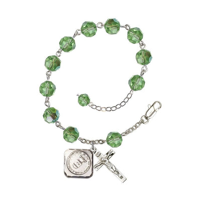 Silver-plated St. Michael the Archangel Air Force US Military Pewter Medal 3/4" x 5/8" and Crucifix 7/8" x 3/8" with 8mm Austrian Crystal Bead Rosary Bracelet in Peridot, Bliss Manufacturing