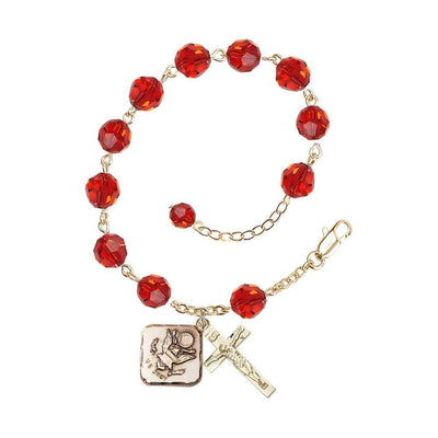 Adjustable St. Michael Army Gold Plated rosary bracelet with 8mm round Austrian Crystal beads in Ruby