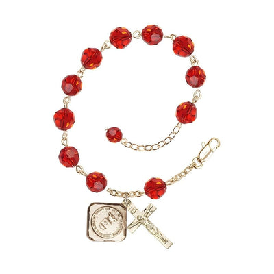 Gold-plated St. Michael the Archangel Air Force US Military Pewter Medal with 8mm Austrian Crystal Bead Rosary Bracelet in Ruby, Bliss Manufacturing