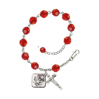 Adjustable St. Michael Army Silver Plated rosary bracelet with 8mm round Austrian Crystal beads in Ruby