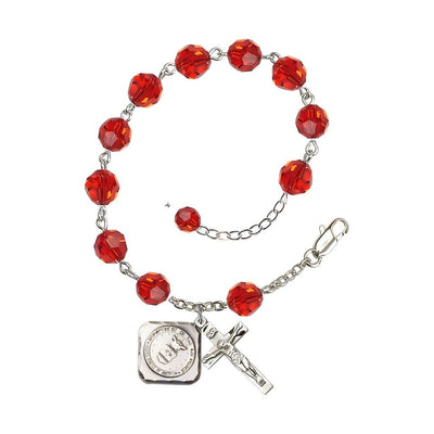 Silver-plated St. Michael the Archangel Air Force US Military Pewter Medal 3/4" x 5/8" and Crucifix 7/8" x 3/8" with 8mm Austrian Crystal Bead Rosary Bracelet in Ruby, Bliss Manufacturing