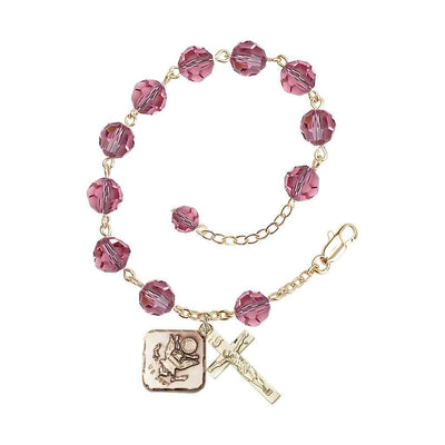 Adjustable St. Michael Army Gold Plated rosary bracelet with 8mm round Austrian Crystal beads in Rose