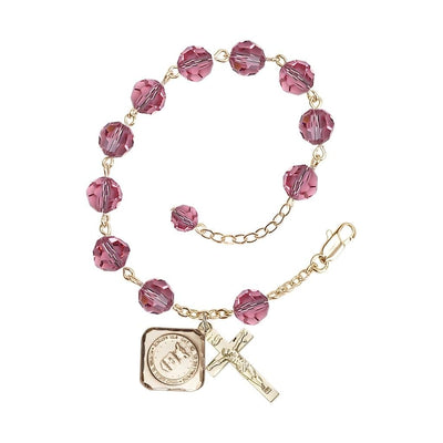 Gold-plated St. Michael the Archangel Air Force US Military Pewter Medal with 8mm Austrian Crystal Bead Rosary Bracelet in Rose, Bliss Manufacturing