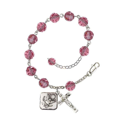Adjustable St. Michael Army Silver Plated rosary bracelet with 8mm round Austrian Crystal beads in Rose
