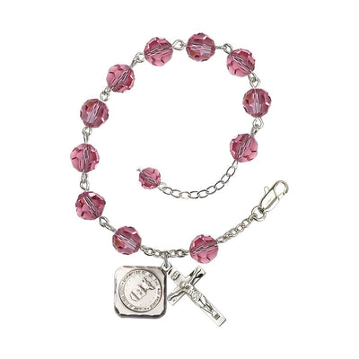 Silver-plated St. Michael the Archangel Air Force US Military Pewter Medal 3/4" x 5/8" and Crucifix 7/8" x 3/8" with 8mm Austrian Crystal Bead Rosary Bracelet in Rose, Bliss Manufacturing