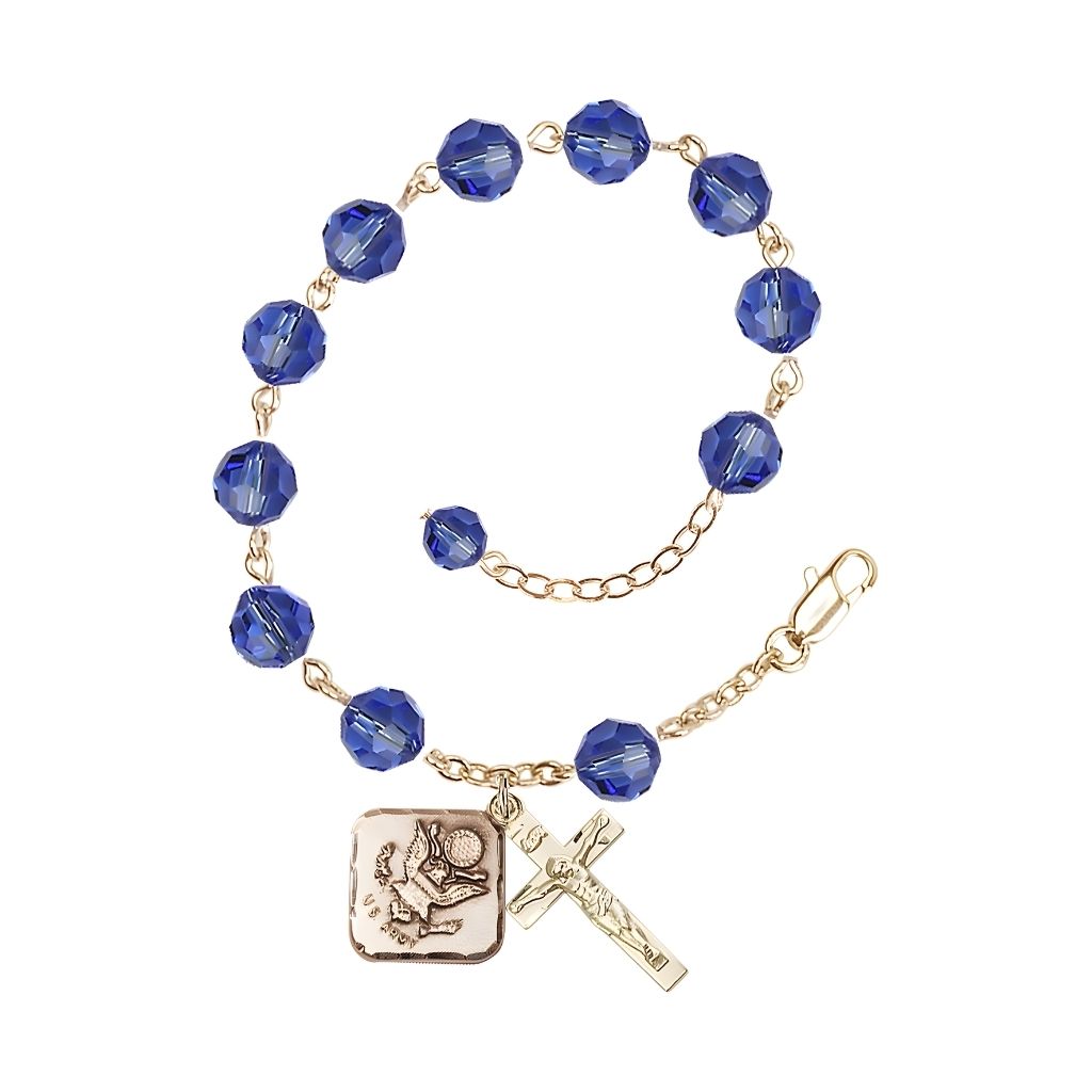 Adjustable St. Michael Army Gold Plated rosary bracelet with 8mm round Austrian Crystal beads in Sapphire
