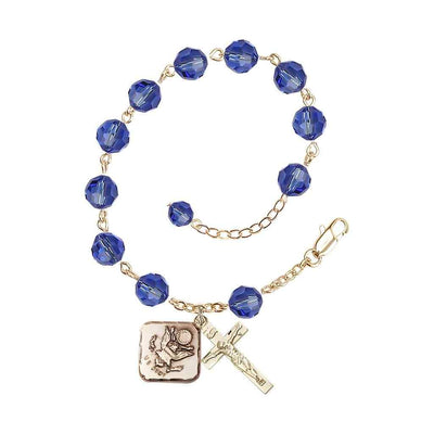 Adjustable St. Michael Army Gold Plated rosary bracelet with 8mm round Austrian Crystal beads in Sapphire