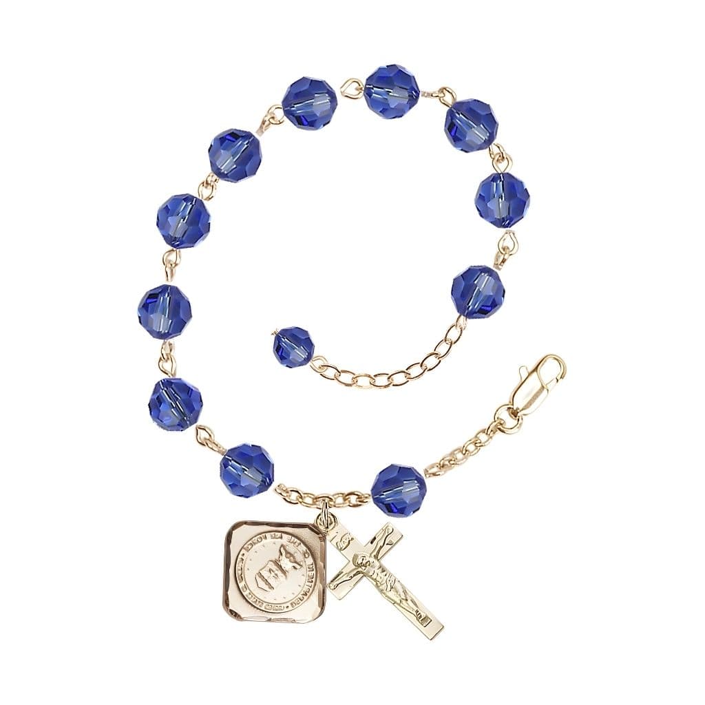 Gold-plated St. Michael the Archangel Air Force US Military Pewter Medal with 8mm Austrian Crystal Bead Rosary Bracelet in Sapphire, Bliss Manufacturing