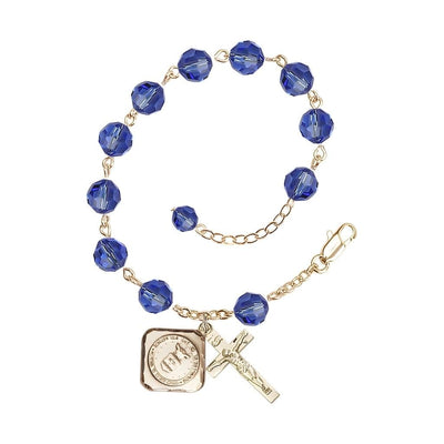 Gold-plated St. Michael the Archangel Air Force US Military Pewter Medal with 8mm Austrian Crystal Bead Rosary Bracelet in Sapphire, Bliss Manufacturing