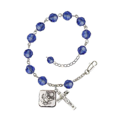 Adjustable St. Michael Army Silver Plated rosary bracelet with 8mm round Austrian Crystal beads in Sapphire