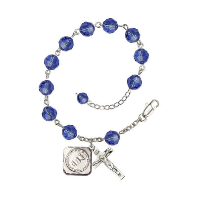Silver-plated St. Michael the Archangel Air Force US Military Pewter Medal 3/4" x 5/8" and Crucifix 7/8" x 3/8" with 8mm Austrian Crystal Bead Rosary Bracelet in Sapphire, Bliss Manufacturing