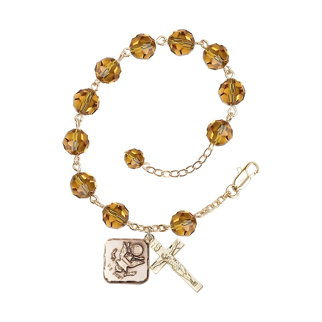 Adjustable St. Michael Army Gold Plated rosary bracelet with 8mm round Austrian Crystal beads in Topaz