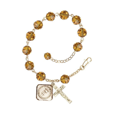 Gold-plated St. Michael the Archangel Air Force US Military Pewter Medal with 8mm Austrian Crystal Bead Rosary Bracelet in Topaz, Bliss Manufacturing