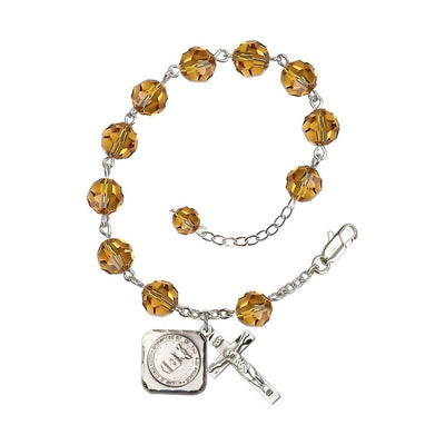 Silver-plated St. Michael the Archangel Air Force US Military Pewter Medal 3/4" x 5/8" and Crucifix 7/8" x 3/8" with 8mm Austrian Crystal Bead Rosary Bracelet in Topaz, Bliss Manufacturing