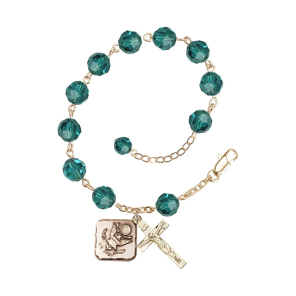 Adjustable St. Michael Army Gold Plated rosary bracelet with 8mm round Austrian Crystal beads in Zircon