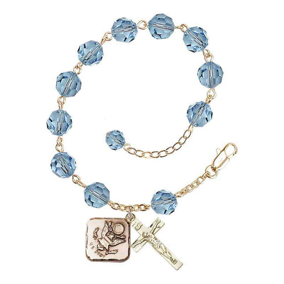 Adjustable St. Michael Army Gold Plated rosary bracelet with 8mm round Austrian Crystal beads in Zircon