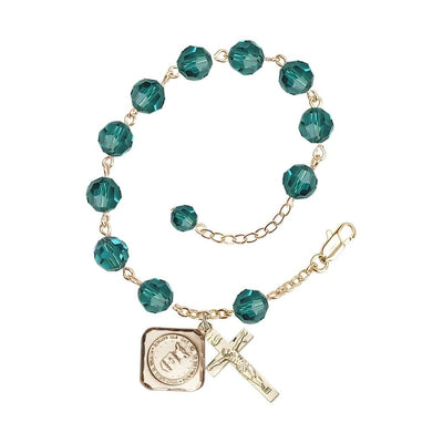 Gold-plated St. Michael the Archangel Air Force US Military Pewter Medal with 8mm Austrian Crystal Bead Rosary Bracelet in Zircon, Bliss Manufacturing