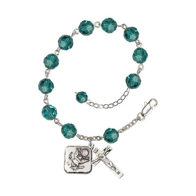Adjustable St. Michael Army Silver Plated rosary bracelet with 8mm round Austrian Crystal beads in Zircon