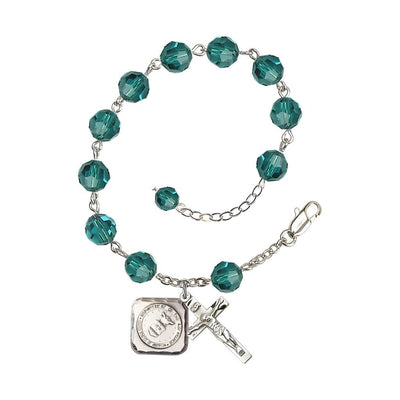 Silver-plated St. Michael the Archangel Air Force US Military Pewter Medal 3/4" x 5/8" and Crucifix 7/8" x 3/8" with 8mm Austrian Crystal Bead Rosary Bracelet in Zircon, Bliss Manufacturing