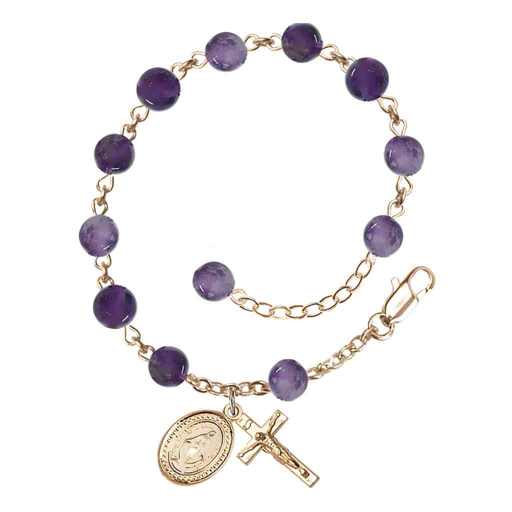 6mm Round Amethyst Round Bead Miraculous with gold-plated crucifix and Miraculous centerpiece rosary bracelet, Bliss Manufacturing