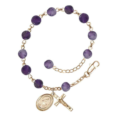 6mm Round Amethyst Round Bead Miraculous with gold-plated crucifix and Miraculous centerpiece rosary bracelet, Bliss Manufacturing