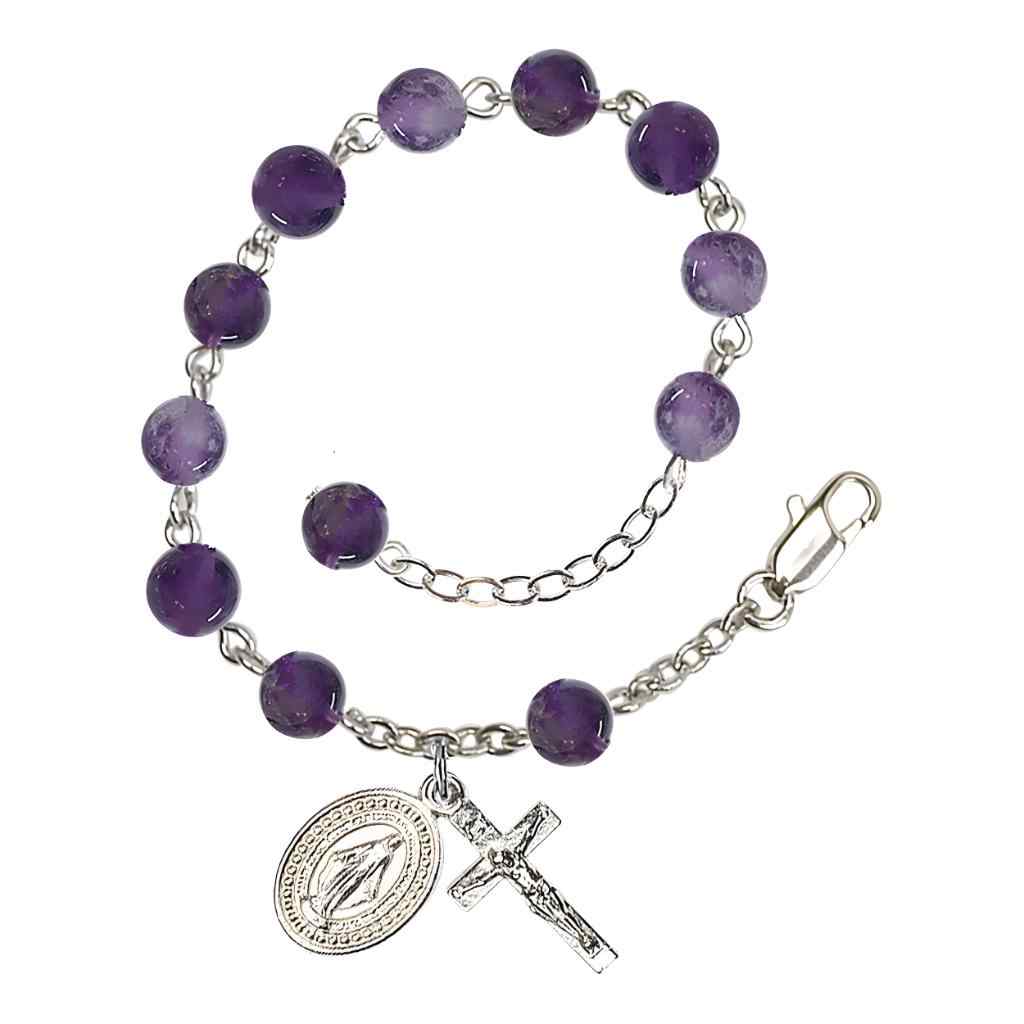 6mm Round Amethyst Round Bead Miraculous with silver-plated crucifix and Miraculous centerpiece rosary bracelet, Bliss Manufacturing