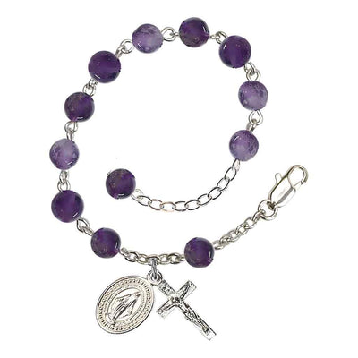 6mm Round Amethyst Round Bead Miraculous with silver-plated crucifix and Miraculous centerpiece rosary bracelet, Bliss Manufacturing