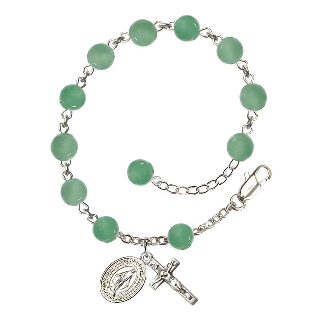 6mm Round Aventurine Round Bead Miraculous with silver-plated crucifix and Miraculous centerpiece rosary bracelet, Bliss Manufacturing