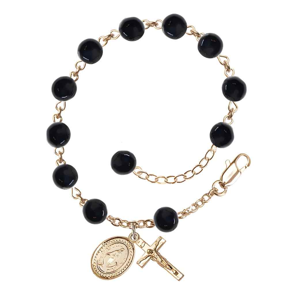 6mm Black Onyx Rosary Bracelet with Gold-plated Miraculous and Crucifix. Gift Box, USA made by Bliss Manufacturing