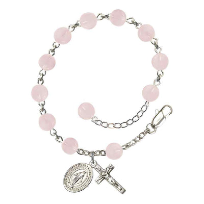 6mm Pink Quartz Bead Miraculous with silver-plated crucifix and Miraculous centerpiece rosary bracelet, Bliss Manufacturing