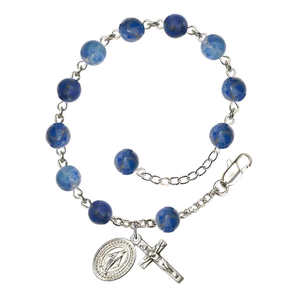 6mm Round Sodalite Round Bead Miraculous with silver-plated crucifix and Miraculous centerpiece rosary bracelet, Bliss Manufacturing