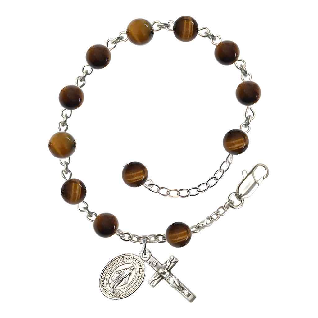 6mm Tiger Eye Bead Miraculous with silver-plated crucifix and Miraculous centerpiece rosary bracelet, Bliss Manufacturing