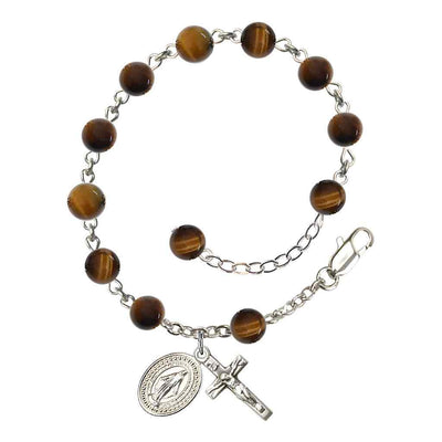 6mm Tiger Eye Bead Miraculous with silver-plated crucifix and Miraculous centerpiece rosary bracelet, Bliss Manufacturing
