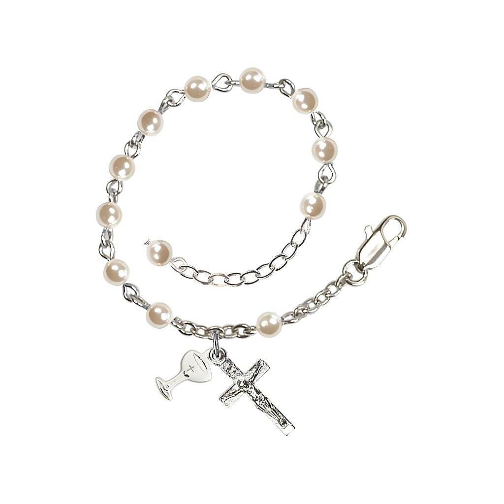 Bliss Communion 4mm Cream Faux Pearl Gold-plated Rosary Bracelet with Crucifix and Chalice,