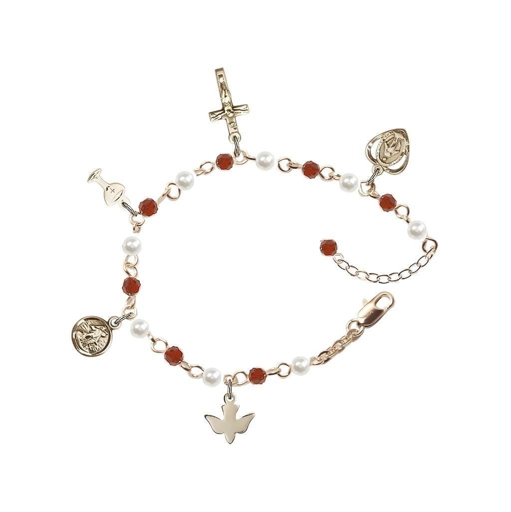 Bliss Gold Plated Charm Bracelet with 4mm round ruby Austrian crystal and faux pearl beads, gold-plated Miraculous heart, crucifix, chalice, dove, and guardian angel charms.
