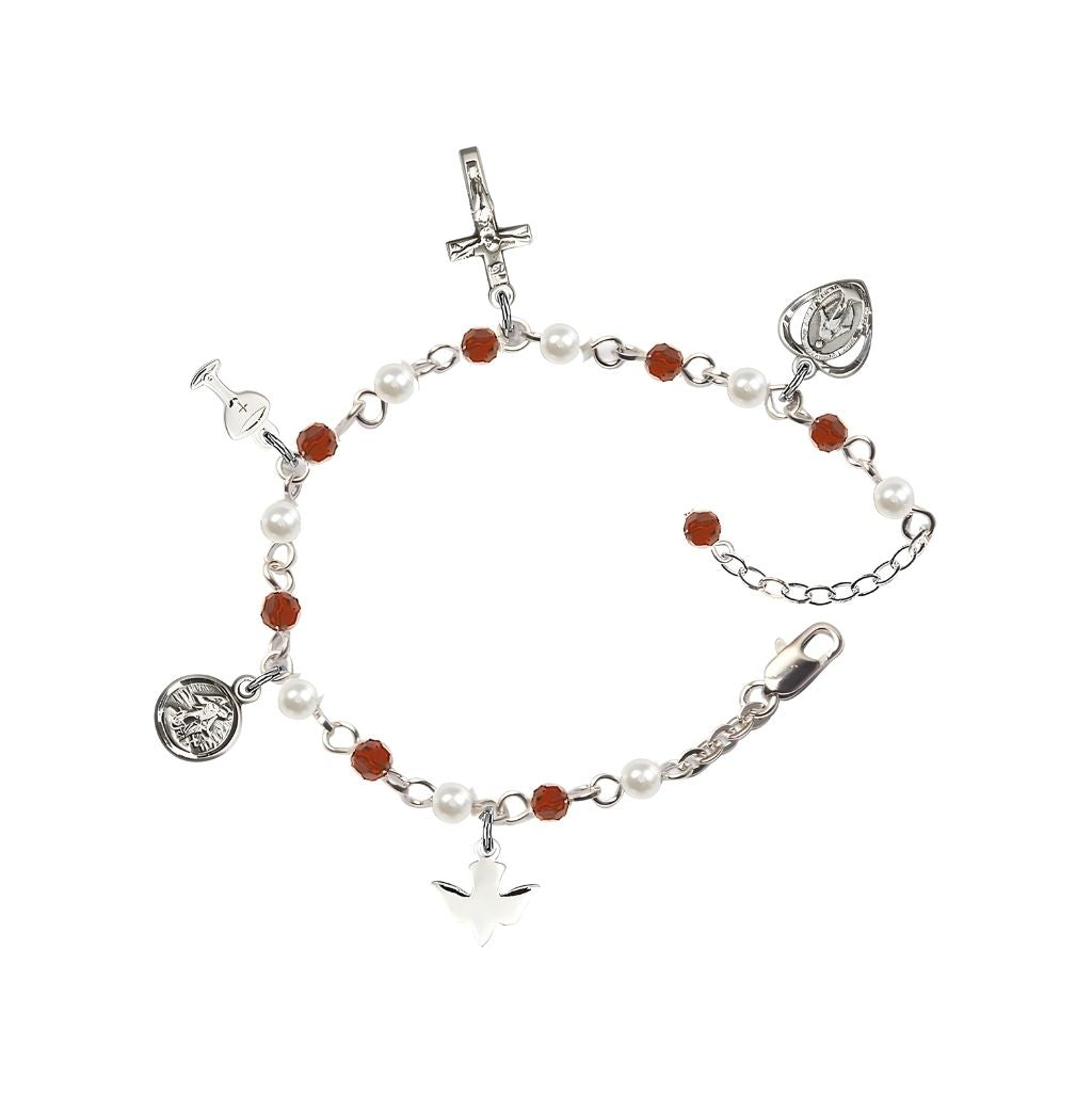 Bliss Silver-plated Charm Bracelet with 4mm round ruby Austrian crystal and faux pearl beads, Miraculous heart, crucifix, chalice, dove, and guardian angel charms.