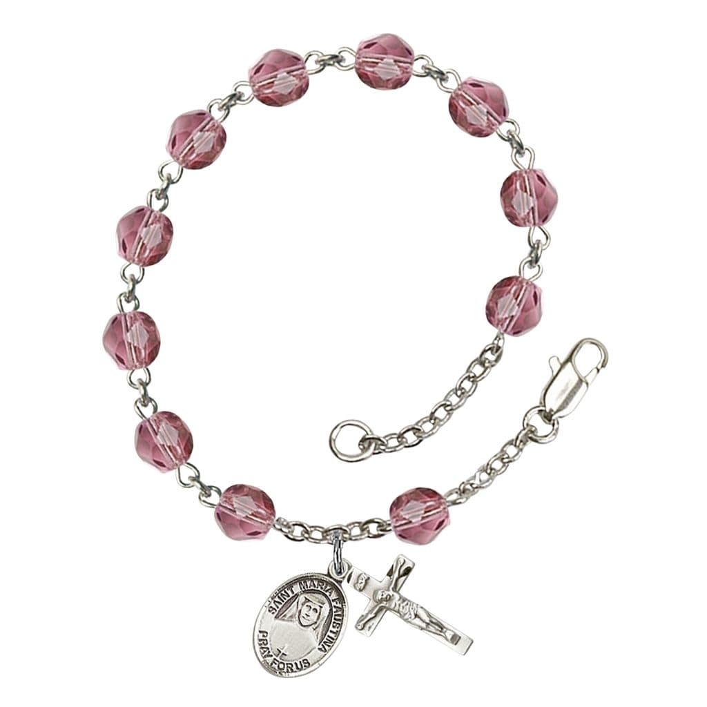 Bliss St. Maria Faustina Birthstone Silver-plated Rosary Bracelet with 6mm fire-polished beads in amethyst,