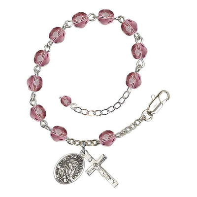Our Lady of the Precious Blood Rosary Silver-plated Bracelet with Pewter Crucifix and Charm, Birthstone 6mm Fire Polished Amethyst Beads for February