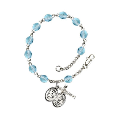 Confirmation with Chalice Rosary Bracelet with Pewter Crucifix and Medal, Birthstone 6mm Fire Polished Aqua Beads for March, Bliss Manufacturing