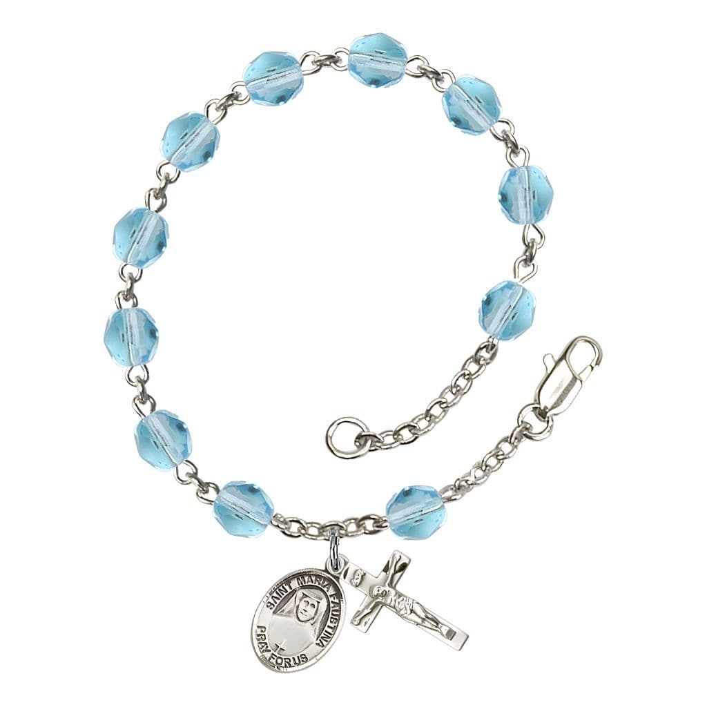Bliss St. Maria Faustina Birthstone Silver-plated Rosary Bracelet with 6mm fire-polished beads in aqua,